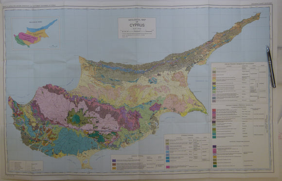 Cyprus (1995) Geological Map of Cyprus. Geological Survey Dept, revised edition. Colour printed map 1:250,000 scale (58 x 96cm) folded