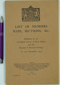 Geological Survey of GB (1934). <em>List of Memoirs, Maps, Sections, etc. Published by the GSGB and the Museum of Practical Geology to 31<sup>st</sup> December, 1933</em>.
