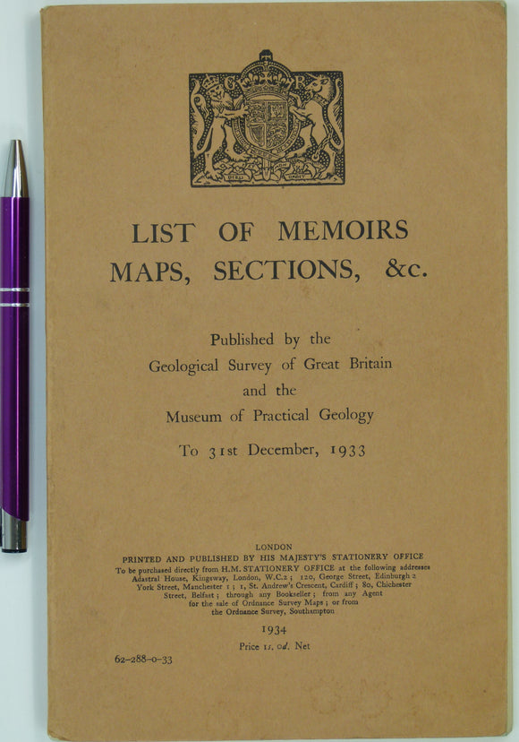 Geological Survey of GB (1934). <em>List of Memoirs, Maps, Sections, etc. Published by the GSGB and the Museum of Practical Geology to 31<sup>st</sup> December, 1933</em>.