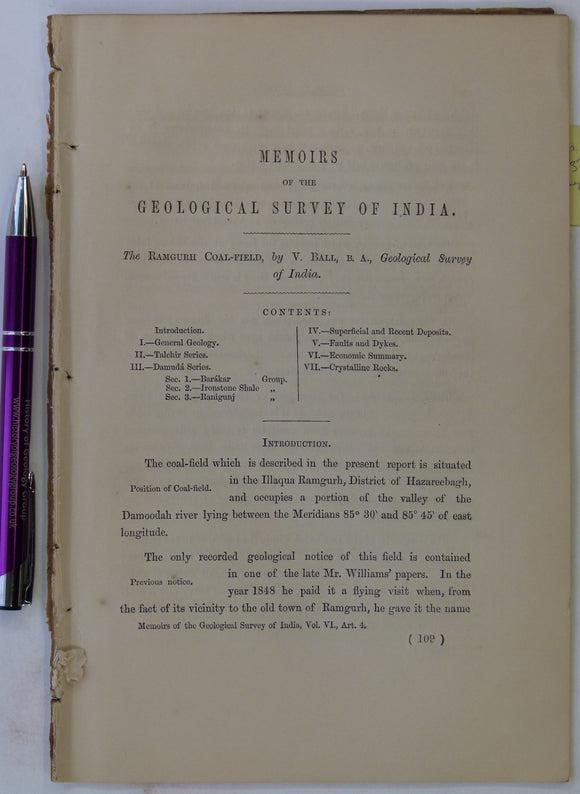 India. Ball, V. (1869). ‘The Ramgurh Coal-Field’, extract of <em data-mce-fragment=
