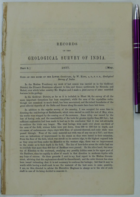 India. King, W. (1877). ‘Note on the Rocks of the Lower Godávari’, extract of The Records of the Geological Survey of India,