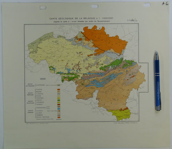 Belgium (1950). Carte Géologique de la Belgique; après la carte a 1:40,000 dressée par ordre du Govvernement. Flat colour printed map, 35.5 x 38.5cm. 1:500,000.