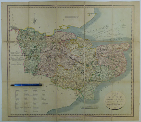 Cary, John. (1828). A New Map of Kent. London: John Cary. With William Smith's geology engraved but coloured over.Hand coloured engraved map 51.5 x 59.5cm