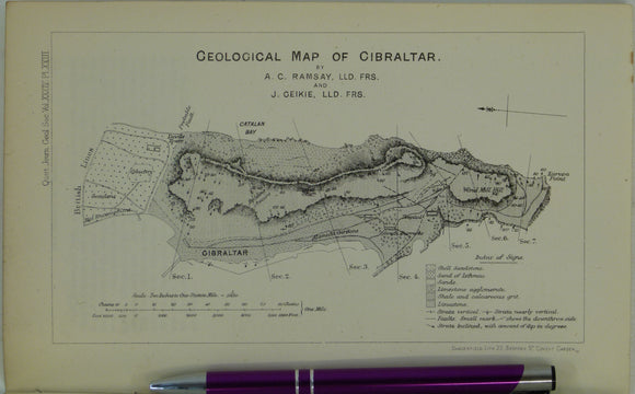 Ramsay, Andrew C., and Geikie, James (1878). Geological Map of Gibraltar, in ‘On the Geology of Gibraltar’, extract from the Quarterly Journal of the Geological Society, v34,