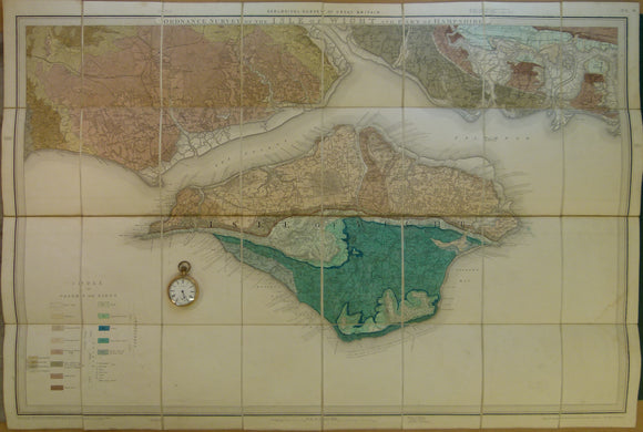 Sheet  10 and 11, Old Series 1”. Box set. 1858, 1st edition. Isle of Wight and adjacent Hampshire. Hand-coloured