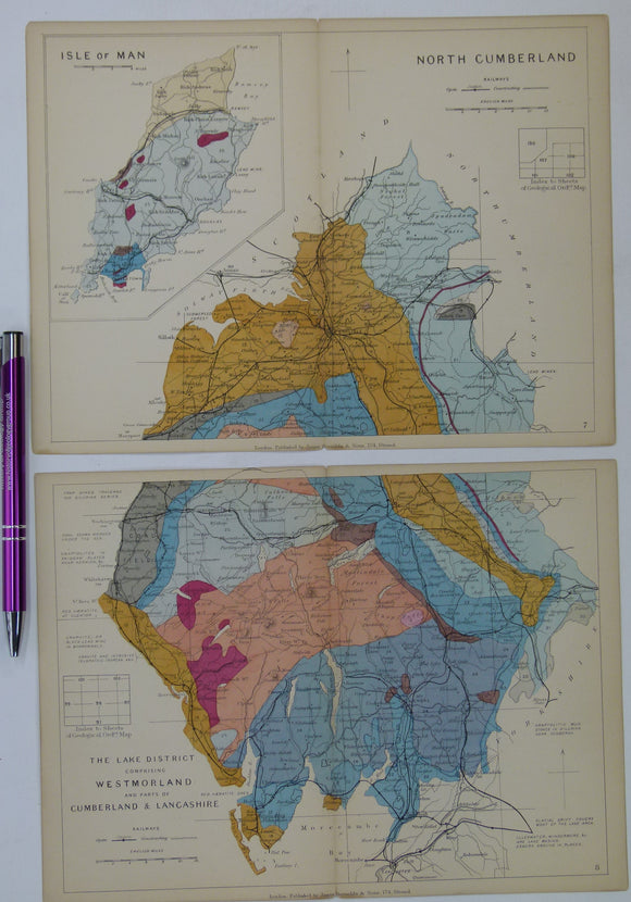 Cumberland, Westmorland counties (Lake District) and Isle of Man (1889) counties geological map from Reynolds’s Geological Atlas of Great Britain, 2nd