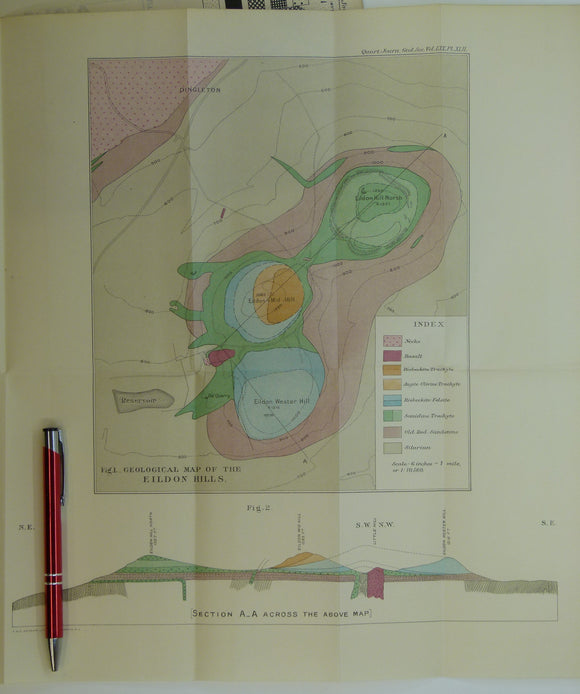 McRobert, Rachel W., (1914), ‘Geological Map of the Eildon Hills’. Fold-out colour printed geological map and section, 1:10,560
