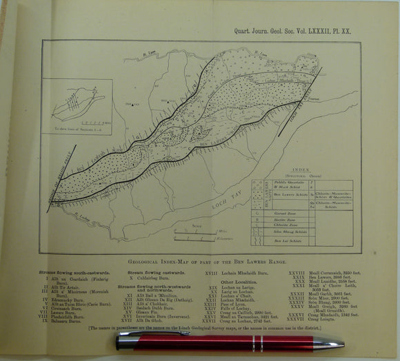 Elles, Gertrude L., (1926). ‘[Map of the] Structure of the Ben Lawers Nappe as seen on Ben Lawers and Meall Corranaich’, fold-out colour printed