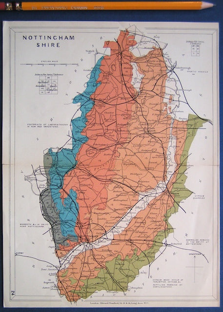 Nottinghamshire (1913) county geological map from Stanford’s Geological Atlas of Great Britain and Ireland, 3rd edition.