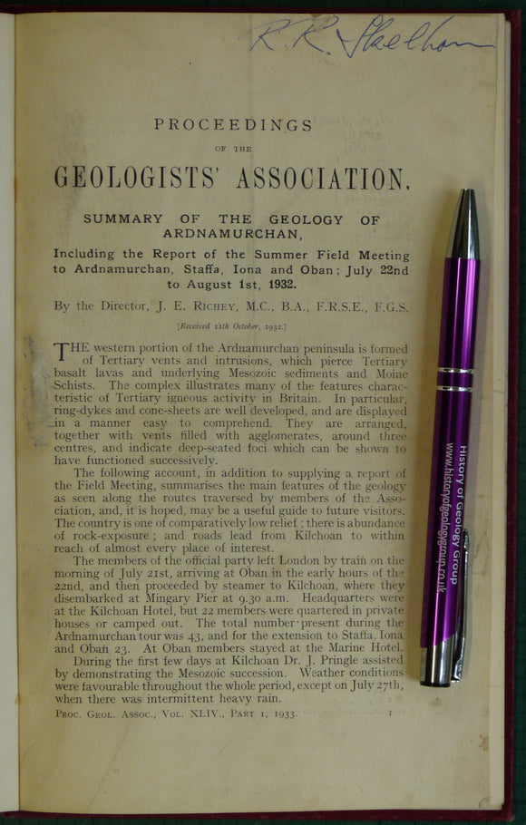 Richey, J.E. (1932). ‘Summary of the Geology of Ardnamurchan’. Extract from the Proceedings of the Geologists’ Association,