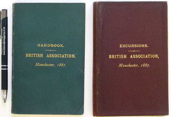 British Association (1887). Handbook of Manchester.  1st edition. as 2 volumes, v1, 109 pp., v.2 folder of 15 excursion guides and outline map of excursion locations.