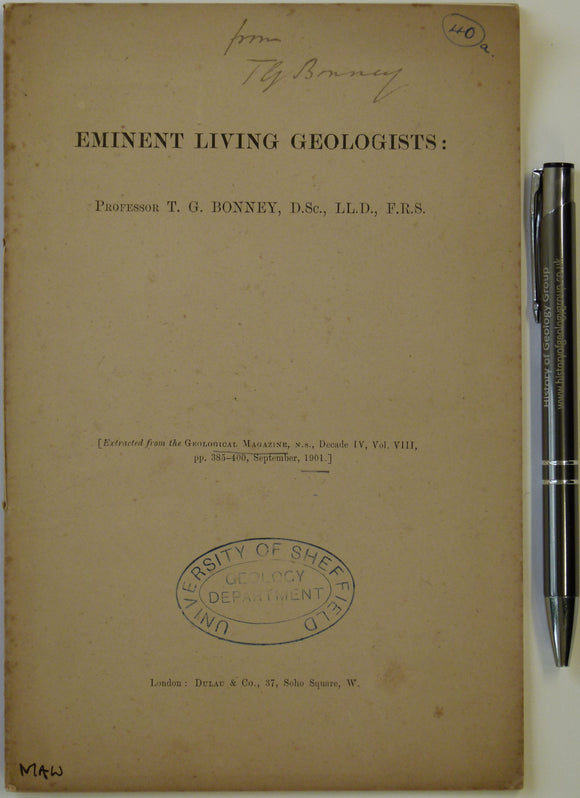 Anon. (1901). Emininent Living Geologists: Professor T. G. Bonney, from the Geological Magazine, pp 385-400 + portrait plate.