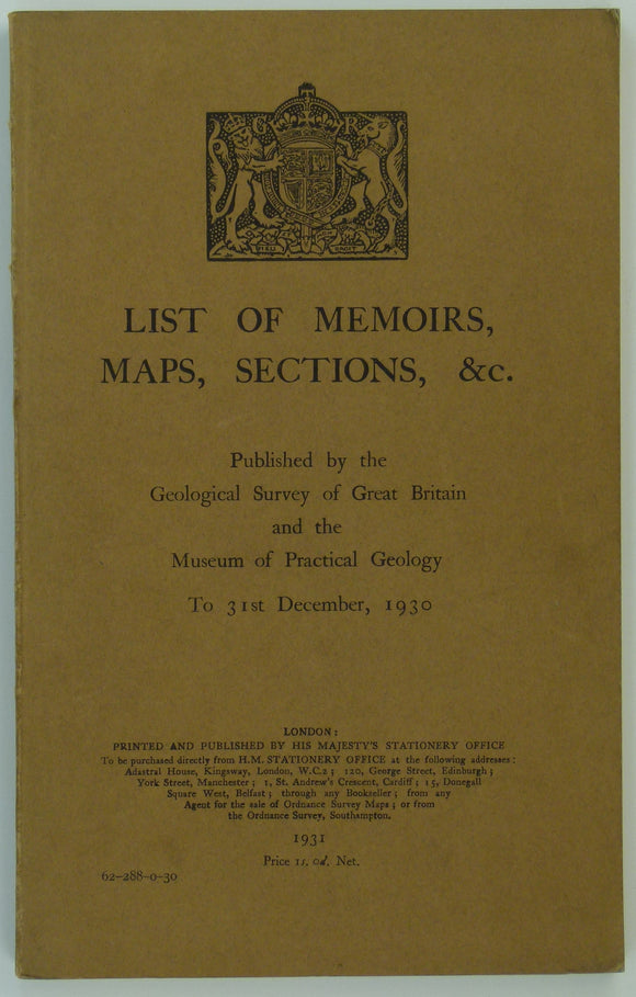 Anon. (1931). List of Memoirs, Maps, Sections, etc, Published by the Geological Survey of Great Britain