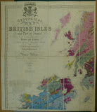 Knipe, James A. (1859). Geological Map of the British Isles and Part of France.  Hand coloured lithograph in four quarters, each 80 x 69cm, dissected and mounted on linen folding to 20 x 11.5cm