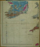 Knipe, James A. (1859). Geological Map of the British Isles and Part of France.  Hand coloured lithograph in four quarters, each 80 x 69cm, dissected and mounted on linen folding to 20 x 11.5cm