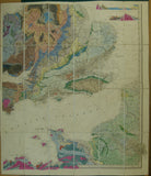 Knipe, James A. (1859). Geological Map of the British Isles and Part of France.  Hand coloured lithograph in four quarters, each 80 x 69cm, dissected and mounted on linen folding to 20 x 11.5cm