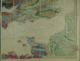 Knipe, James A. (1859). Geological Map of the British Isles and Part of France.  Hand coloured lithograph in four quarters, each 80 x 69cm, dissected and mounted on linen folding to 20 x 11.5cm