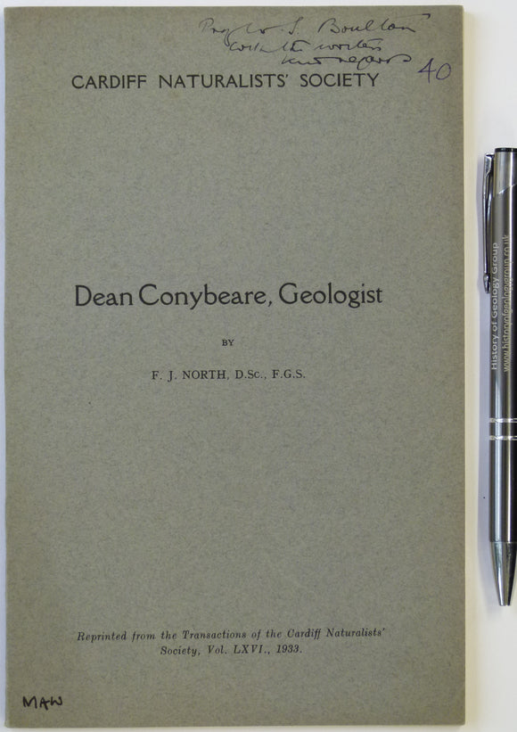North, F.J. (1933). Dean Conybeare, Geologist, from Transactions of the Cardiff Naturalists Society, v66, pp 15-68 + 2 plates