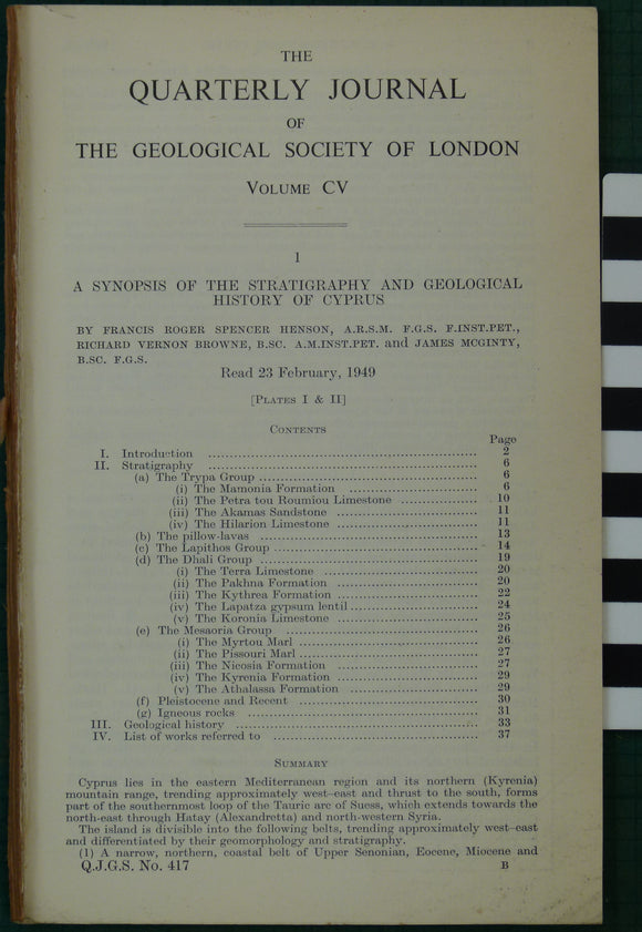 Henson, F.R.S. (1949) ‘A Synopsis of the Stratigraphy and Geological History of Cyprus’ extract from the QJGS