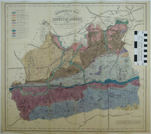 Surrey, Geological Map of the County of Surrey (1861). Holmesdale Natural History Club, Reigate. London: J. Van Vorst. One inch equals 2 miles. Hand-coloured