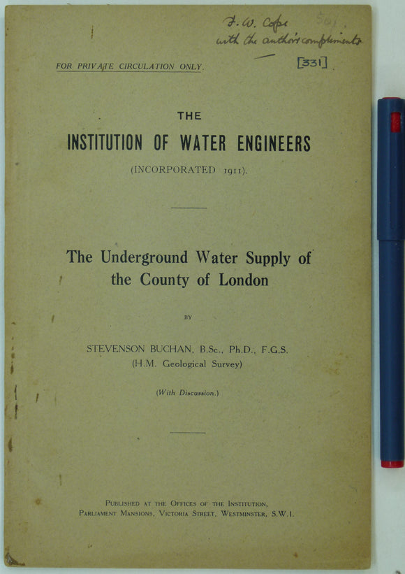 Southeast England. Buchan, Stevenson (c1939). ‘The Underground Water Supply of the County of London’, private offprint