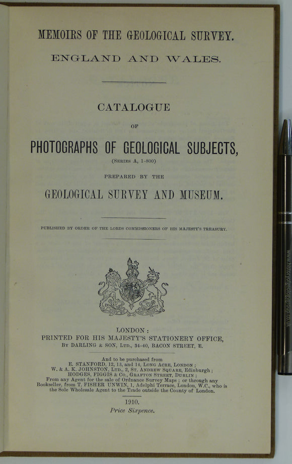 Geological Survey of E&W (1910). Catalogue of Photographs of Geological Subjects (Series A, 1-800). London: HMSO. 35pp. HB,