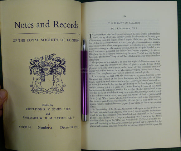 Rowlinson, J.S. (1971). ‘The Theory of Glaciers’, extract from The Notes and Records of the Royal Society of London: v26,n2, pp 189-204. Offprint
