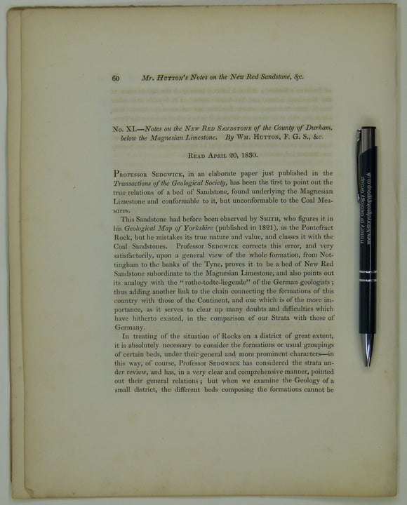 Hutton, William, (1831). ‘Notes on the New Red Sandstone of the County of Durham, below the Magnesian Limestone’, extract from Transactions of the Nat Hist Soci Northumberland, Durham and Newcastle . v1,