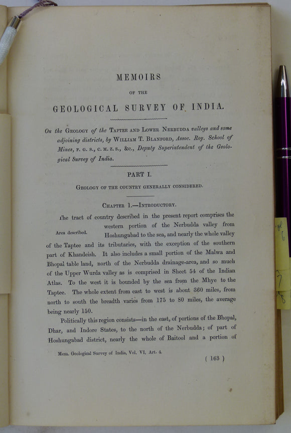 India. Blanford, W. T. (1869). ‘On the Geology of the Taptee and Lower Nerbudda Valleys and some adjoining districts [Madhya Pradesh state]’, extract