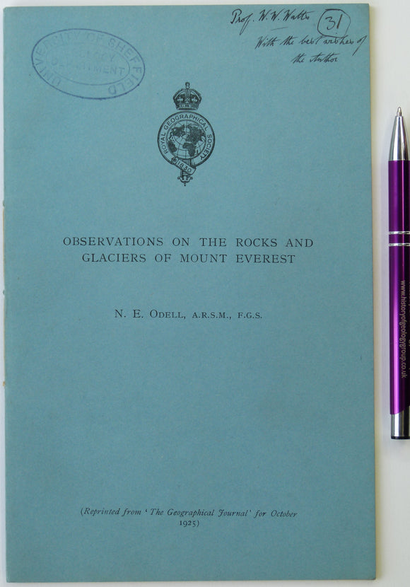 India. Odell, N.E. (1925). ‘Observations on the Rocks and Glaciers of Mount Everest’, offprint from <em>the Geographical Journal</em>, vol. 66, pt.4, pp 289-315 + folded colour printed map,