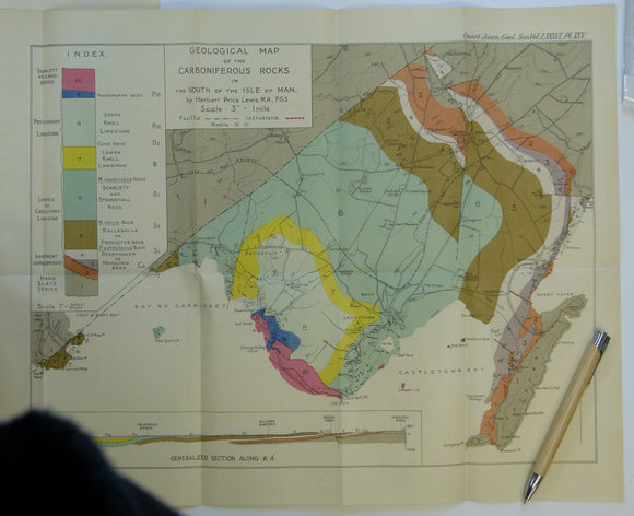 Lewis, H.P. (1930). ‘Geological Map of the Carboniferous Rocks in the South of the Isle of Man’, colour printed fold-out map, 1:21,120 scale,