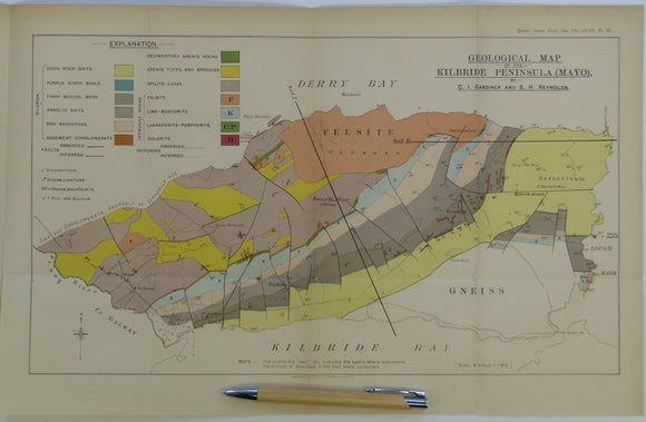 Gardiner, C.I., and Reynolds, S.H. (1912).  ‘Geological Map of the Kilbride Peninsula (Mayo)’ [Ireland] in ‘The Ordovician and Silurian Rocks of the Kilbride Peninsula (Mayo)’, extract