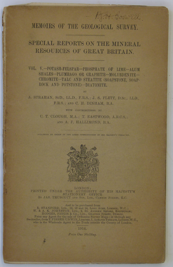 Strahan, A. et al. (1916). Special Reports on the Mineral Resources of G.B.: Vol. V- Potash-Felspar – Poasphate of Lime – Alum Shales