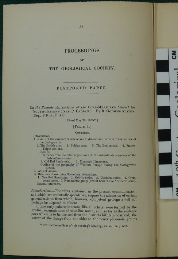 Godwin-Austen, R. (1855). On the Possible Extension of the Coal Measures beneath the South-Eastern part of England’, extract from the Q