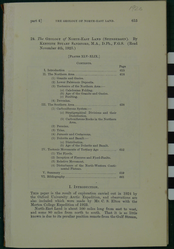 Stanford, K.S. (1925). ‘The Geology of the North-East Land (Spitzbergen)’ extract from the QJGS