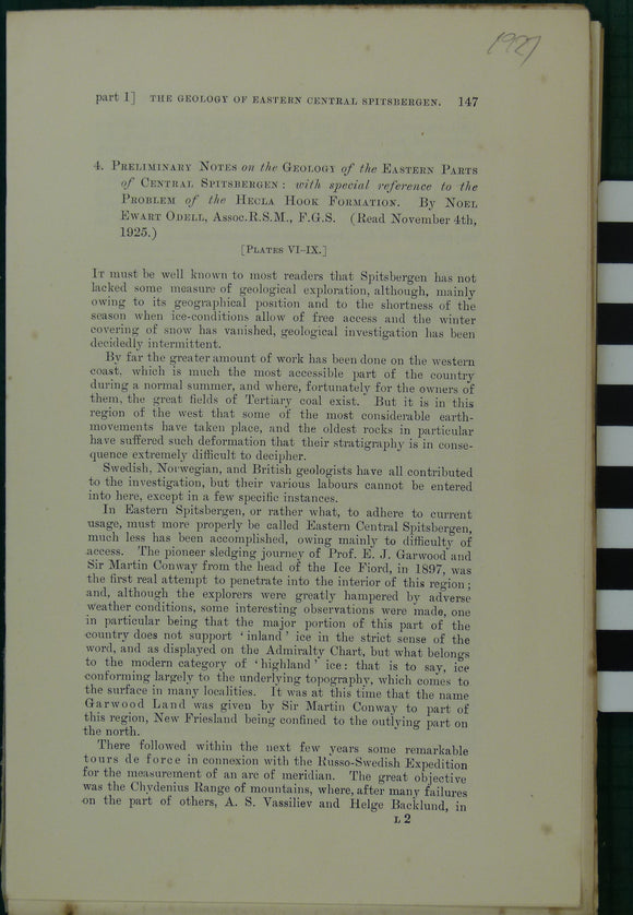 Odell, N.D. (1925). ‘Preliminary Notes on the Geology of the Eastern Parts of Central Spitzbergen: with special reference to Hecla Hook extract from the QJGS