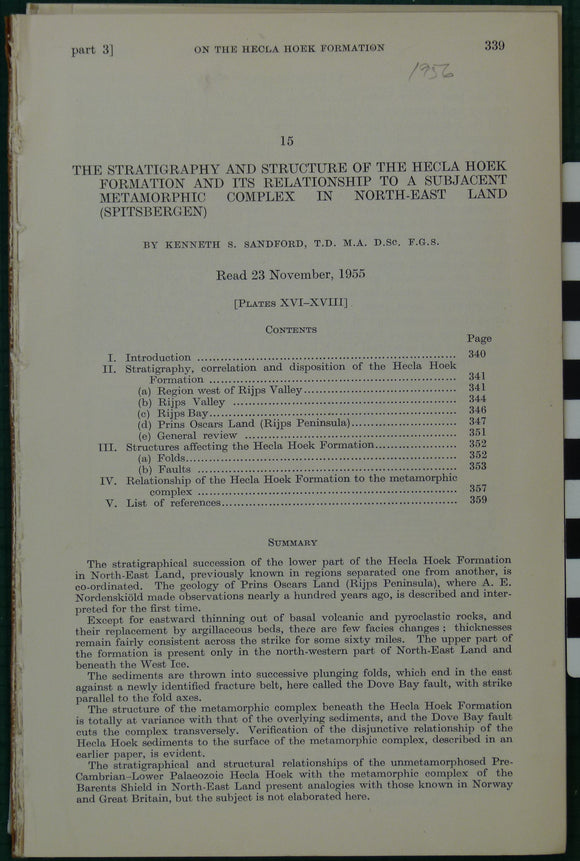 Stanford, K.S. (1955). ‘The Stratigraphy and Structure of the Hecla Hoek Formation in North-East Land (Spitzbergen)’ extract from the QJGS