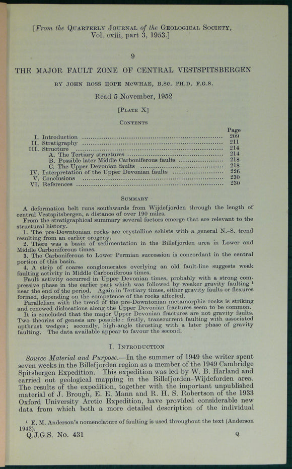 McWhae, J.R.H. (1953). ‘The Major Fault Zone of Central Vestspitsbergen’ in reprint from the QJGS