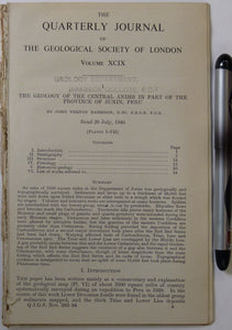 Peru. Harrison, JV. (1943). The Geology of the Central Andes in . . . Junin, Peru’, extract from the QJGS, v.99, pp.1-36