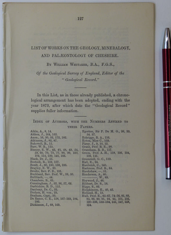 Whitaker, William. (1876). ‘List of Works on the Geology, Mineralogy, and Palaeontology of Cheshire’, from the Proceedings of the Liverpool Geological Society