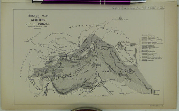 Wynne, AB. (1878). ‘Sketch Map of the Geology of the Upper Punjab [India]’ in ‘Notes on the Physical Geology of the Upper Punjab’, extract