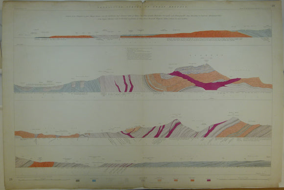 Horizontal Section No.   28 (1853). Snowdon. From Llanfair-is-gaer, Menai Straits over the Cambrian and Silurian rocks of Dinas, Snowdon, Cynicht, Moel-Wyn. Geological Survey of GB. 1st edition.
