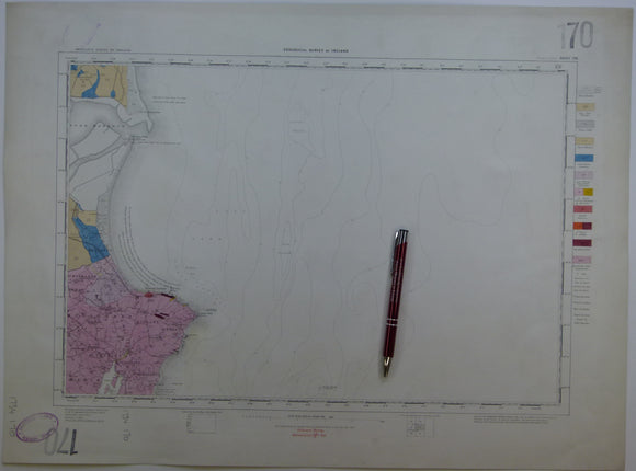 Ireland sheet 170, Rosslare Point, 1” scale. 1873.  Includes 90% Irish Sea. Hand-coloured