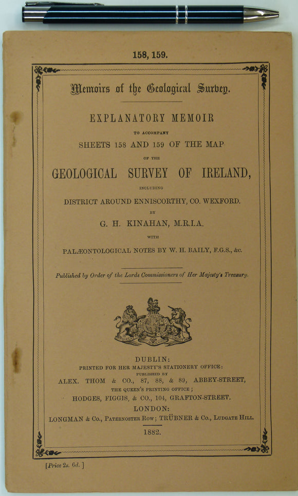 Ireland sheet memoir 158/159, (Enniscorthy/ Blackwater) 1882. Explanatory Memoir - Sheets 158/159 – of the District of Enniscorthy. Very good condition.