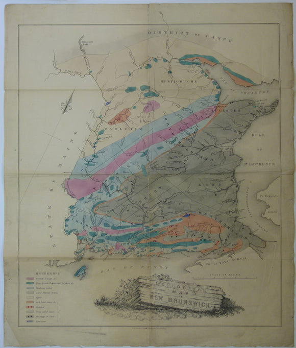 Johnston, James FW. (1850).  Geological Map of New Brunswick [Canada]. Hand coloured lithographed map,