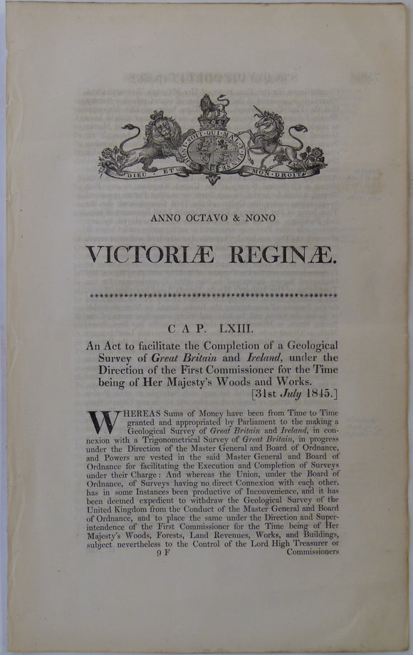 Victoria Reginae. (1845).  LXIII. An Act [of Parliament LXIII] to facilitate the Completion of a Geological Survey of Great Britain and Ireland,