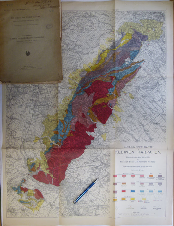 Beck, Heinrich, and Vetters, Hermann. (1904). ‘Geologische Karte der Kleinen Karpaten’, 1:75,000 scale,   91 x 69cm, colour printed and folding to 33 x 24cm.