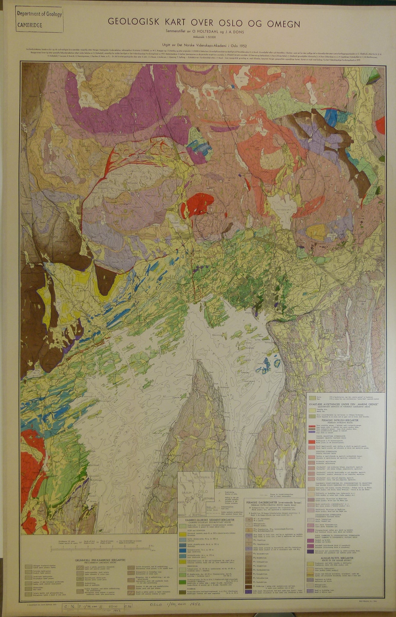 Oslo. 1952. Geologisk Kart Over Oslo of Omegn (geological map of Oslo