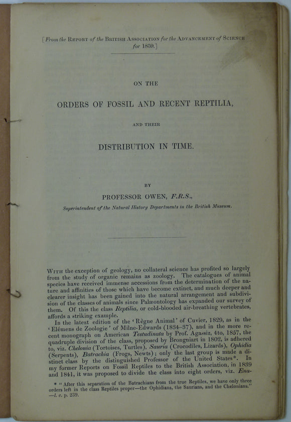 Owen, Richard (1859). ‘On the Orders of Fossil and Recent Reptilia and their Distribution in Time’ offprint from the Report of the BAAS