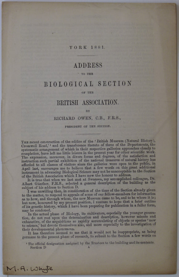 Owen, Richard (1881). ‘Address to the Biological Section of the British Association’ reprint from the BAAS